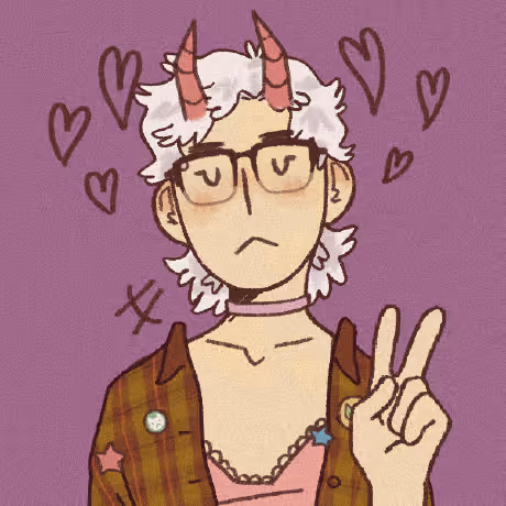 Drawing of a girl in a flannel with pins. She has short mullet hair cut dyed white, her eyes are closed and she is holding up a peace sign. There is a pair of demonic horns coming from her forehead.